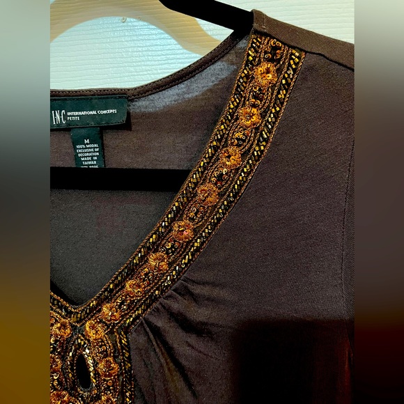 INC Petite M…chocolate brown long sleeved top. Copper bead and sequin neckline. - Picture 8 of 15